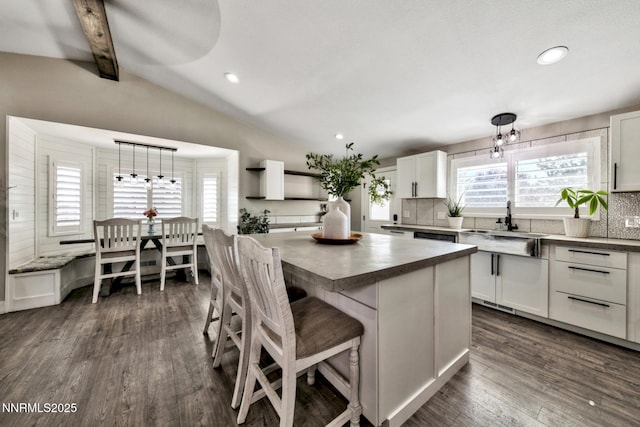 772 Mammoth Way, Gardnerville, NV 89460 - kitchen with backsplash, white cabinetry, dark wood finished floors, and recessed lighting