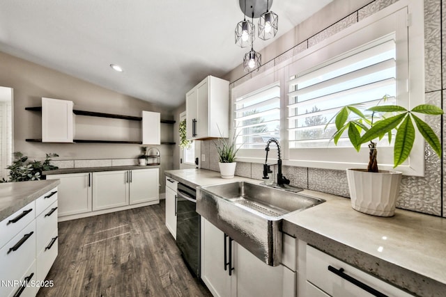 772 Mammoth Way, Gardnerville, NV 89460 - kitchen featuring open shelves, vaulted ceiling, a sink, tasteful backsplash, and white cabinetry