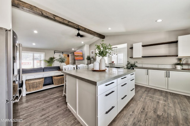 772 Mammoth Way, Gardnerville, NV 89460 - kitchen with freestanding refrigerator, healthy amount of natural light, dark wood-style floors, white cabinets, and recessed lighting
