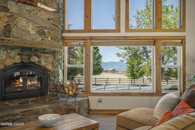 2607 Bowers Rd, Gardnerville, NV 89410 - living area featuring a mountain view, hardwood / wood-style flooring, a stone fireplace, and a towering ceiling