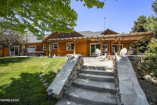 2607 Bowers Rd, Gardnerville, NV 89410 - back of property with a hot tub, a pergola, a yard, and a patio