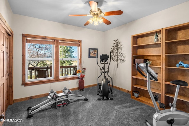 2607 Bowers Rd, Gardnerville, NV 89410 - exercise room featuring a ceiling fan, carpet flooring, and baseboards