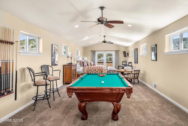 2607 Bowers Rd, Gardnerville, NV 89410 - recreation room with carpet floors, pool table, vaulted ceiling, baseboards, and ceiling fan