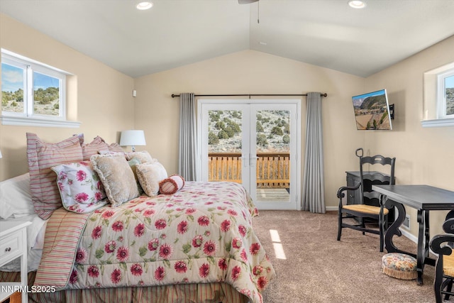 2607 Bowers Rd, Gardnerville, NV 89410 - bedroom featuring lofted ceiling, access to exterior, carpet, and recessed lighting