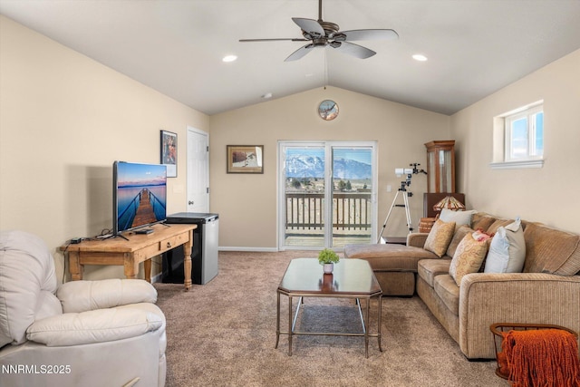 2607 Bowers Rd, Gardnerville, NV 89410 - living area featuring lofted ceiling, carpet, ceiling fan, recessed lighting, and baseboards