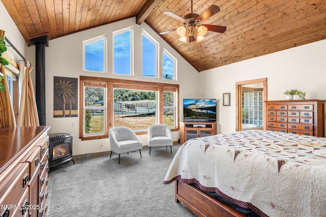 2607 Bowers Rd, Gardnerville, NV 89410 - carpeted bedroom featuring a wood stove, high vaulted ceiling, wood ceiling with exposed beams, and baseboards
