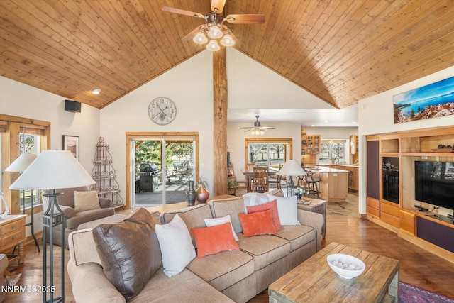 2607 Bowers Rd, Gardnerville, NV 89410 - living room with ceiling fan, high vaulted ceiling, wood finished floors, and wooden ceiling