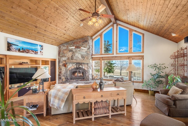 2607 Bowers Rd, Gardnerville, NV 89410 - living room with ceiling fan, hardwood / wood-style flooring, wood ceiling with exposed beams, a fireplace, and high vaulted ceiling