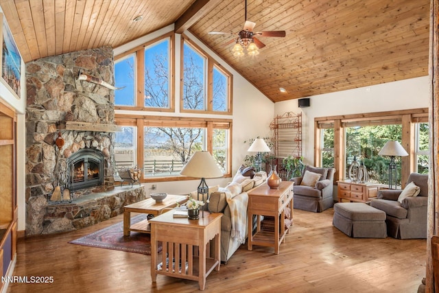 2607 Bowers Rd, Gardnerville, NV 89410 - living room with high vaulted ceiling, wood ceiling with exposed beams, a fireplace, ceiling fan, and hardwood / wood-style flooring