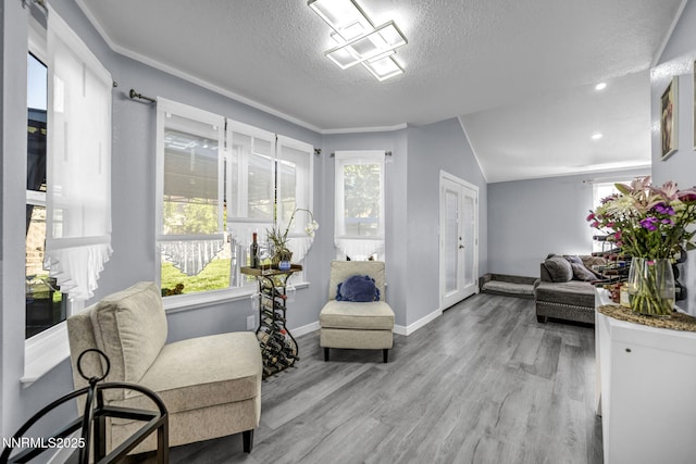 7395 Pah Rah Dr, Sparks, NV 89436 - sitting room with a textured ceiling, light wood-style floors, baseboards, recessed lighting, and lofted ceiling