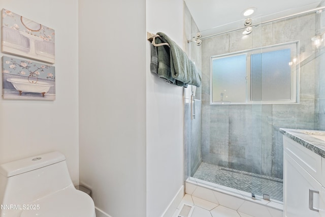 13820 Virginia Foothills Dr, Reno, NV 89521 - bathroom with a shower stall, toilet, tile patterned floors, vanity, and baseboards