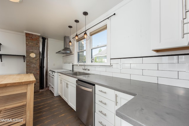 1417 Douglas Ave, Gardnerville, NV 89410 - kitchen featuring dishwasher, wall chimney exhaust hood, a sink, ornamental molding, and decorative backsplash