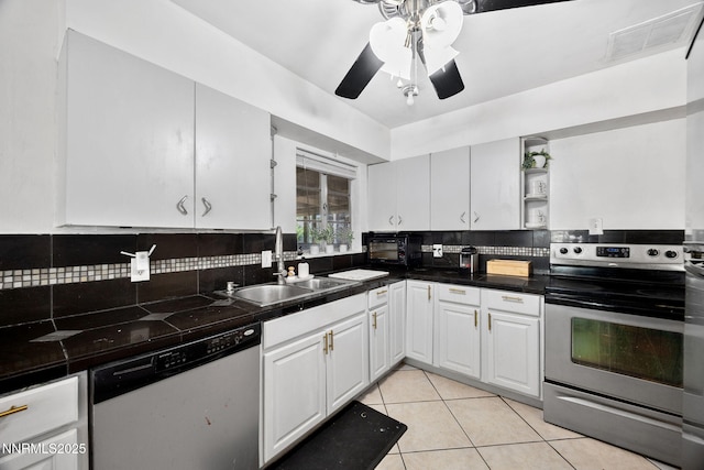 1712 Chaska Pl, Reno, NV 89502 - kitchen featuring stainless steel electric range, dishwasher, a sink, open shelves, and ceiling fan