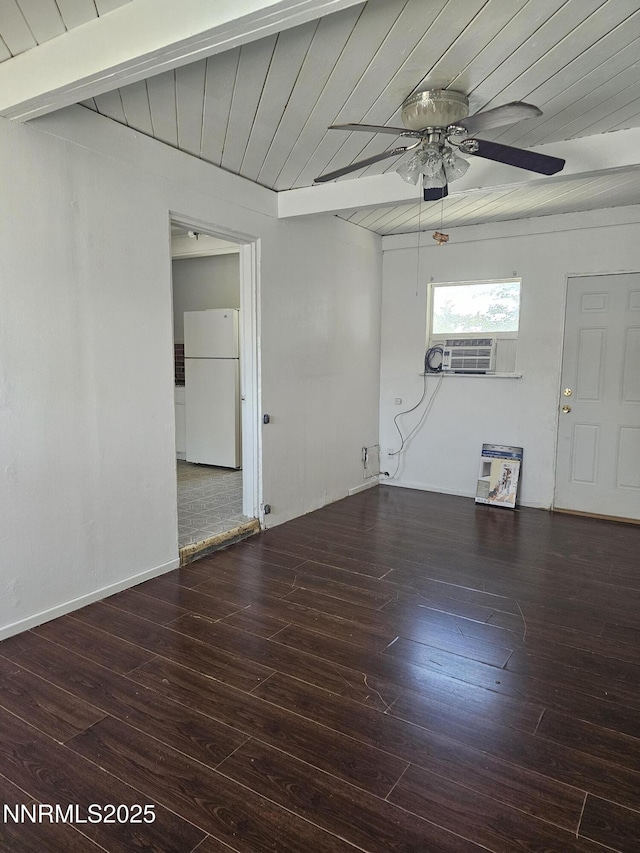 121 English St, Hawthorne, NV 89415 - unfurnished living room featuring a ceiling fan, wooden ceiling, hardwood / wood-style floors, and cooling unit