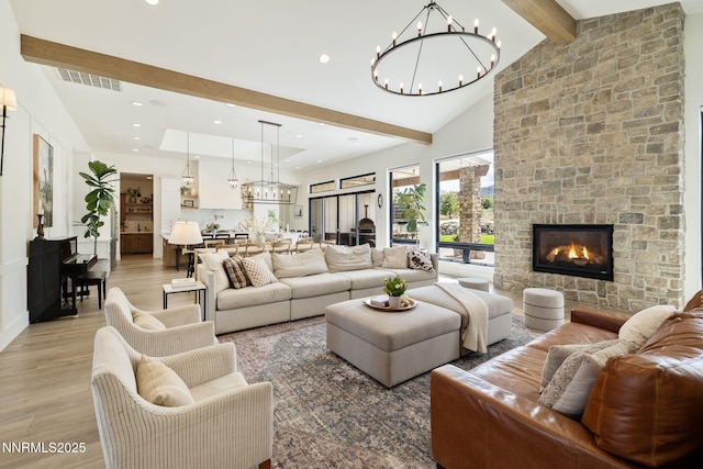 6300 Trailblazer Ct, Reno, NV 89511 - living area featuring a chandelier, light wood-style floors, a fireplace, and recessed lighting