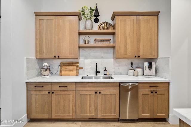 6300 Trailblazer Ct, Reno, NV 89511 - kitchen with a sink, open shelves, dishwasher, and decorative backsplash