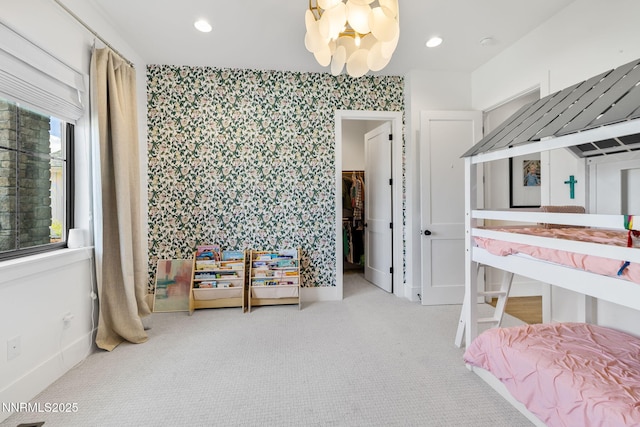 6300 Trailblazer Ct, Reno, NV 89511 - carpeted bedroom with a chandelier, wallpapered walls, baseboards, a spacious closet, and recessed lighting