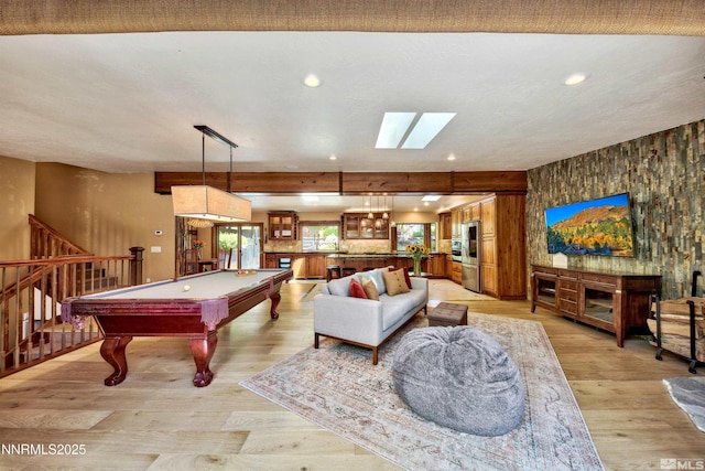 259 Mc Faul Ct, Zephyr Cove, NV 89448 - game room with recessed lighting, billiards table, light wood-type flooring, and a skylight