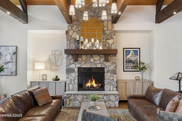 235 Timbercreek Ct, Reno, NV 89511 - living area with beam ceiling, a fireplace, wood finished floors, and a chandelier