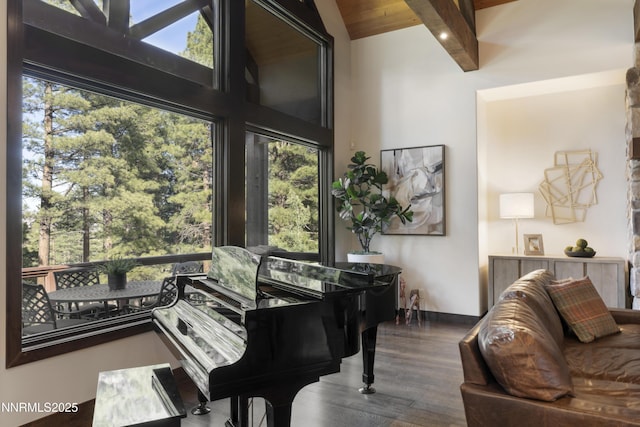 235 Timbercreek Ct, Reno, NV 89511 - sitting room featuring high vaulted ceiling, wood finished floors, baseboards, and wooden ceiling with exposed beams