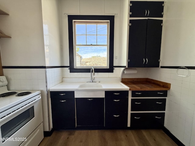 141 University St, Tonopah, NV 89049 - kitchen with white electric range, tile walls, dark cabinetry, a sink, and dark wood finished floors