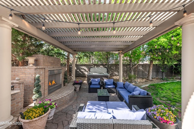 471 Shire Ct, Reno, NV 89521 - fenced backyard featuring an outdoor living space with a fireplace, a patio, and a pergola