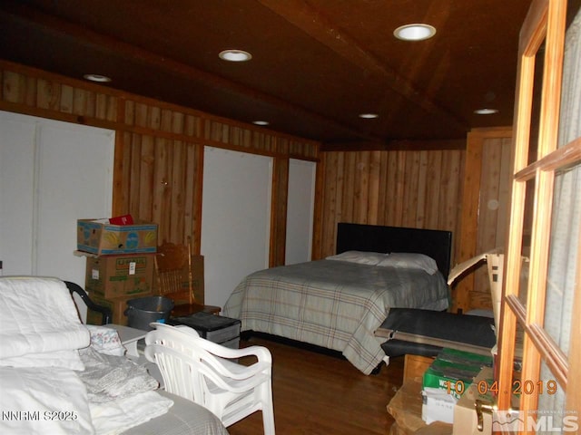 11000 Mount Rose Hwy, Reno, NV 89511 - bedroom with wood finished floors, recessed lighting, wood walls, and beamed ceiling