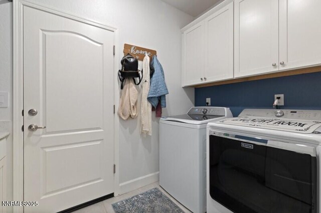 6127 Red Stable Rd, Sparks, NV 89436 - laundry room featuring cabinet space, washer and dryer, baseboards, and light tile patterned floors