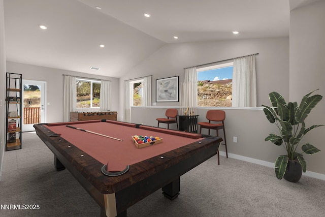 1466 Copper Point Cir, Reno, NV 89519 - game room featuring carpet floors, lofted ceiling, healthy amount of natural light, billiards, and recessed lighting
