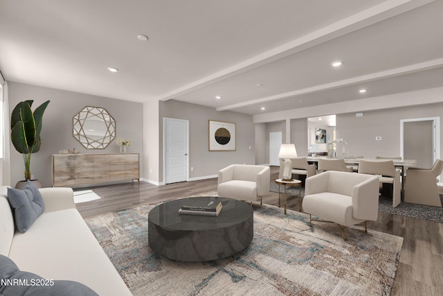1466 Copper Point Cir, Reno, NV 89519 - living room featuring wood finished floors, recessed lighting, beam ceiling, and baseboards