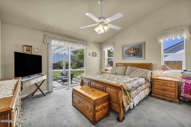 2866 La Cresta Cir, Minden, NV 89423 - carpeted bedroom with access to exterior, lofted ceiling, and ceiling fan