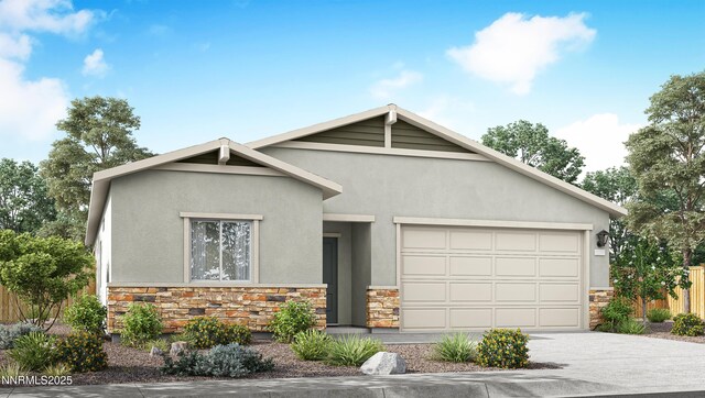 4579 Mifflin St, Fernley, NV 89408 - view of front facade featuring stone siding, stucco siding, concrete driveway, and a garage