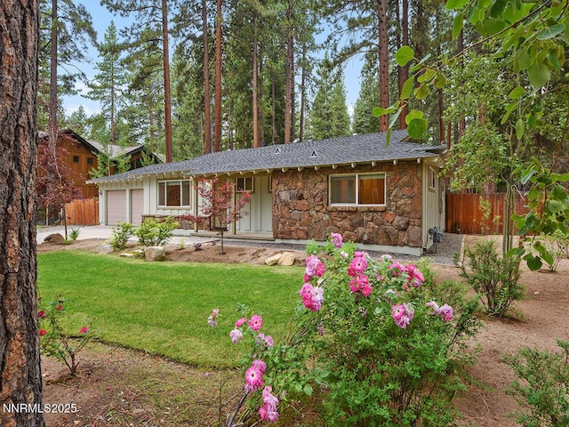 119 Pine Cone Rd, Incline Village, NV 89451 - view of front of house featuring stone siding, a garage, a shingled roof, and concrete driveway