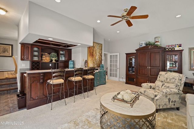 30 Francovich Ct, Reno, NV 89519 - living area with recessed lighting, ceiling fan, light colored carpet, bar area, and french doors