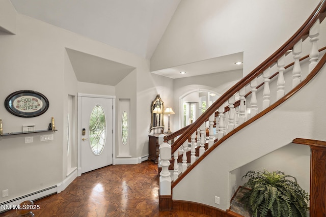 30 Francovich Ct, Reno, NV 89519 - foyer with a baseboard heating unit, stairs, high vaulted ceiling, baseboards, and recessed lighting