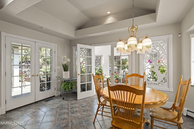 30 Francovich Ct, Reno, NV 89519 - dining area featuring french doors, a chandelier, a raised ceiling, vaulted ceiling, and recessed lighting