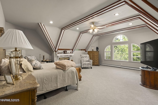 30 Francovich Ct, Reno, NV 89519 - carpeted bedroom featuring baseboard heating, lofted ceiling, recessed lighting, a fireplace, and baseboards