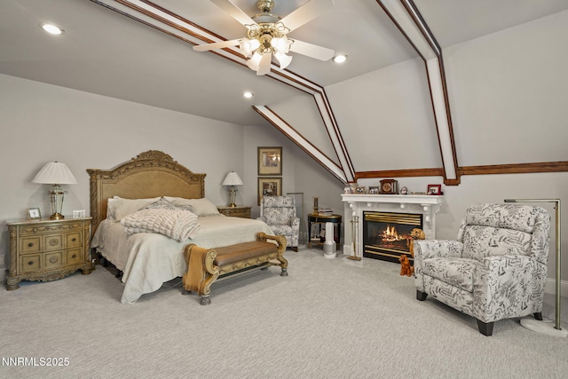 30 Francovich Ct, Reno, NV 89519 - bedroom with carpet floors, lofted ceiling, a glass covered fireplace, recessed lighting, and a ceiling fan
