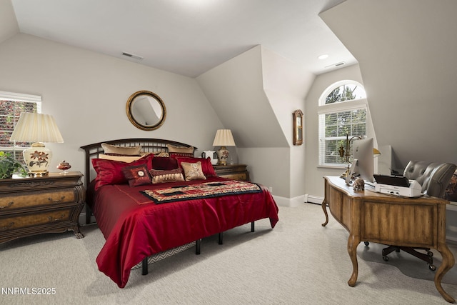 30 Francovich Ct, Reno, NV 89519 - bedroom featuring vaulted ceiling, carpet floors, a baseboard radiator, an office area, and baseboards