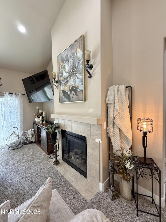 3221 Hackamore Way, Winnemucca, NV 89445 - living room with a fireplace, lofted ceiling, and tile patterned floors