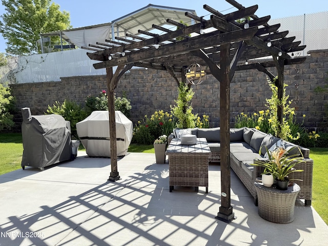 3221 Hackamore Way, Winnemucca, NV 89445 - view of patio featuring an outdoor living space, a pergola, and a grill