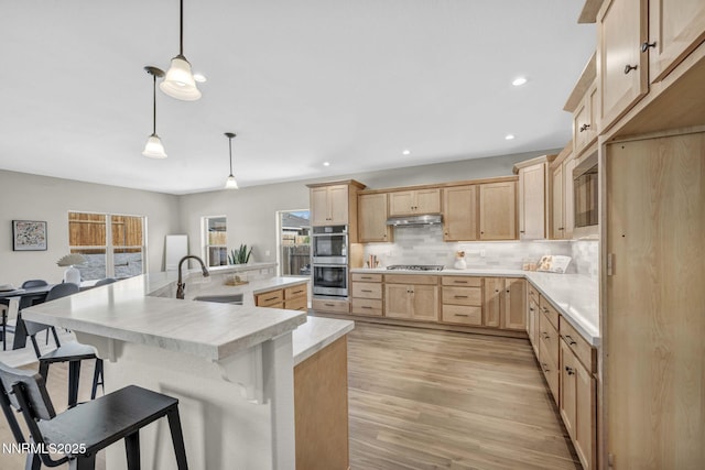 3952 Siena Dr, Carson City, NV 89703 - kitchen featuring light brown cabinetry, a sink, stainless steel appliances, under cabinet range hood, and light wood-style floors