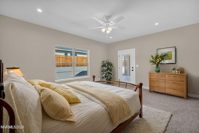 3952 Siena Dr, Carson City, NV 89703 - bedroom with light colored carpet, recessed lighting, baseboards, and a ceiling fan