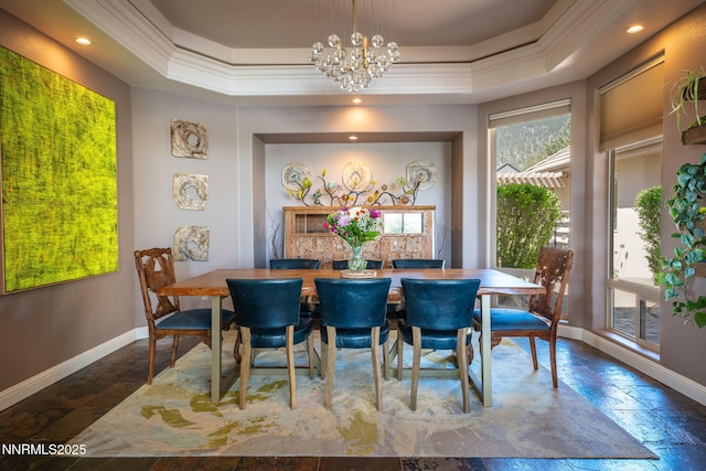 2473 Genoa Aspen Dr, Genoa, NV 89411 - dining space featuring a chandelier, crown molding, baseboards, recessed lighting, and a raised ceiling