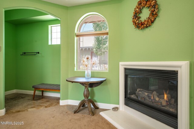 2473 Genoa Aspen Dr, Genoa, NV 89411 - detailed view of carpet floors, a glass covered fireplace, baseboards, and arched walkways