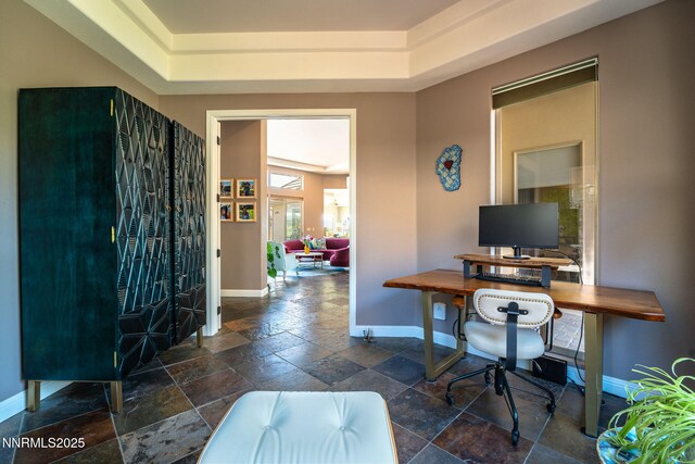 2473 Genoa Aspen Dr, Genoa, NV 89411 - office with stone tile flooring, baseboards, and a raised ceiling