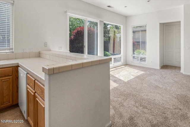 10548 Bliss Ct, Reno, NV 89521 - kitchen with dishwasher, tile countertops, brown cabinets, and light carpet