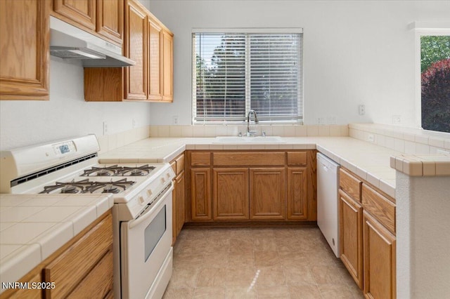 10548 Bliss Ct, Reno, NV 89521 - kitchen featuring white appliances, under cabinet range hood, a sink, and healthy amount of natural light