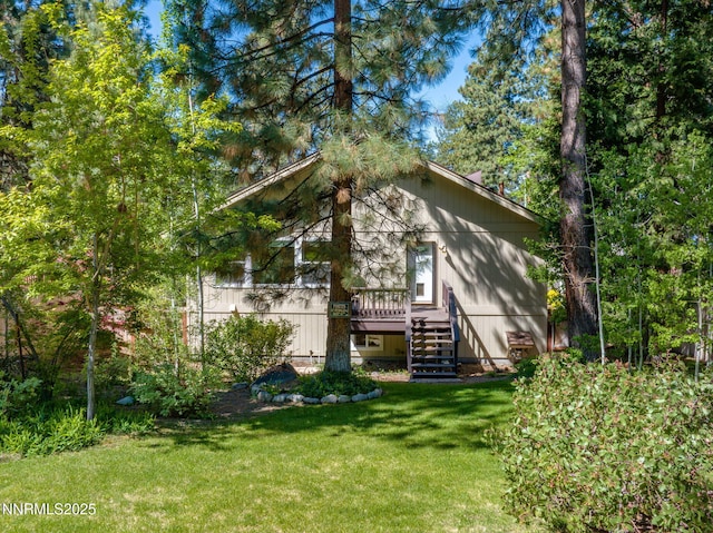 625 Freel Dr, Zephyr Cove, NV 89448 - back of property featuring stairway, a lawn, and a wooden deck