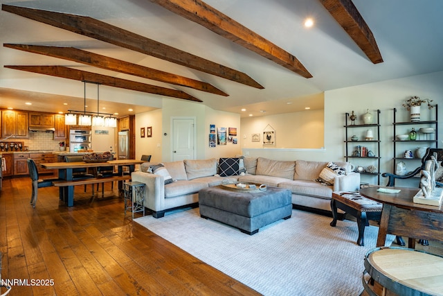 625 Freel Dr, Zephyr Cove, NV 89448 - living room with dark wood finished floors, beam ceiling, and recessed lighting